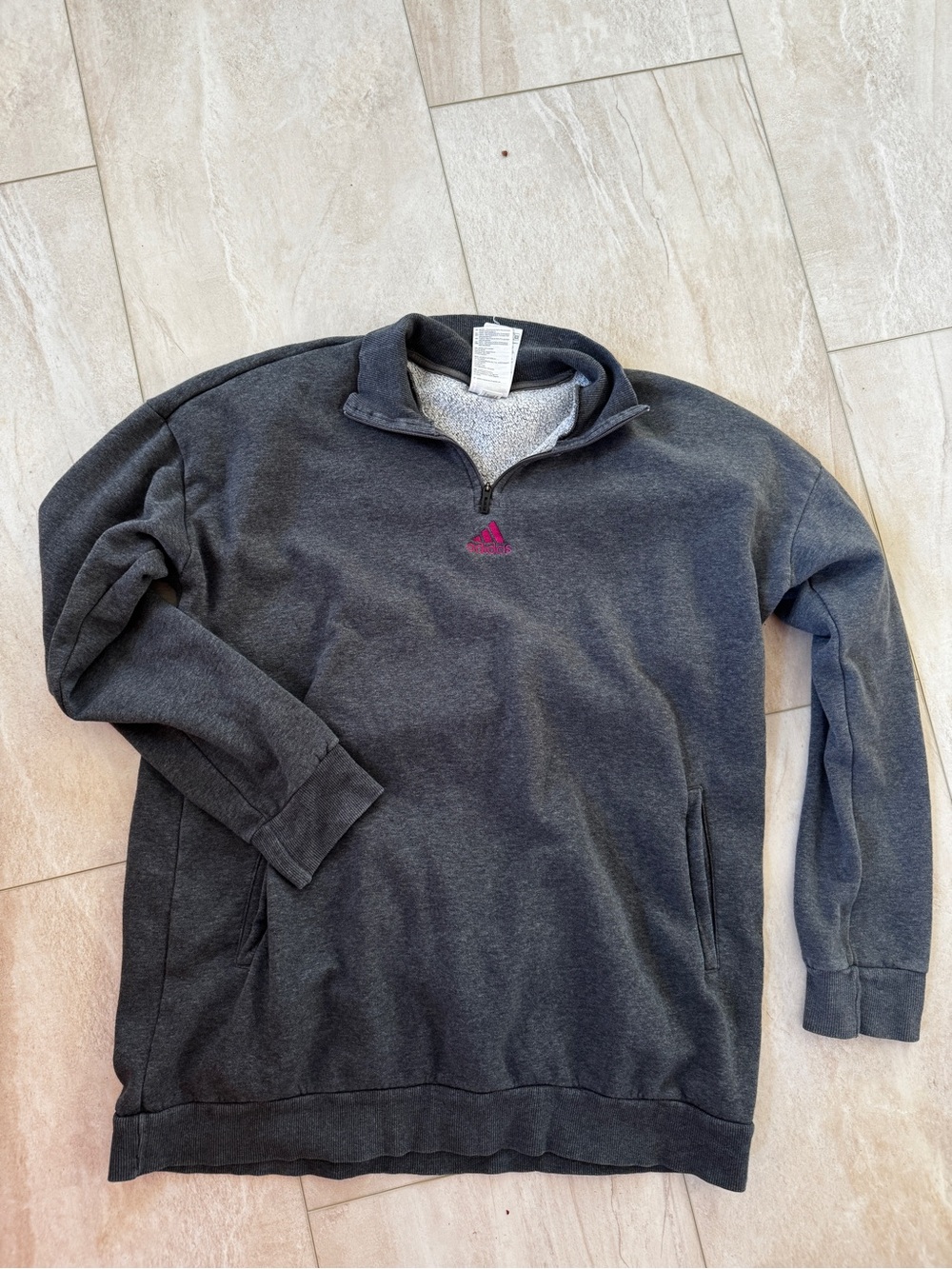Adidas Fleece Lined Quarter Zip Pullover Sweatshirt Gray Pink Logo- Women’s